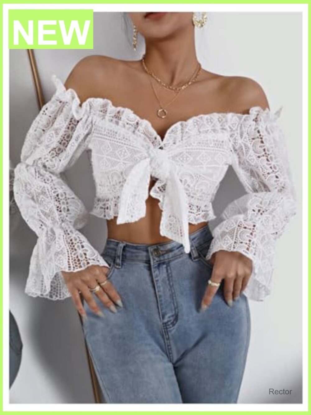 Deep V Neck Ruffle Trim Bell Sleeve Tie Front Lace Crop Top - Picture 5 of 5